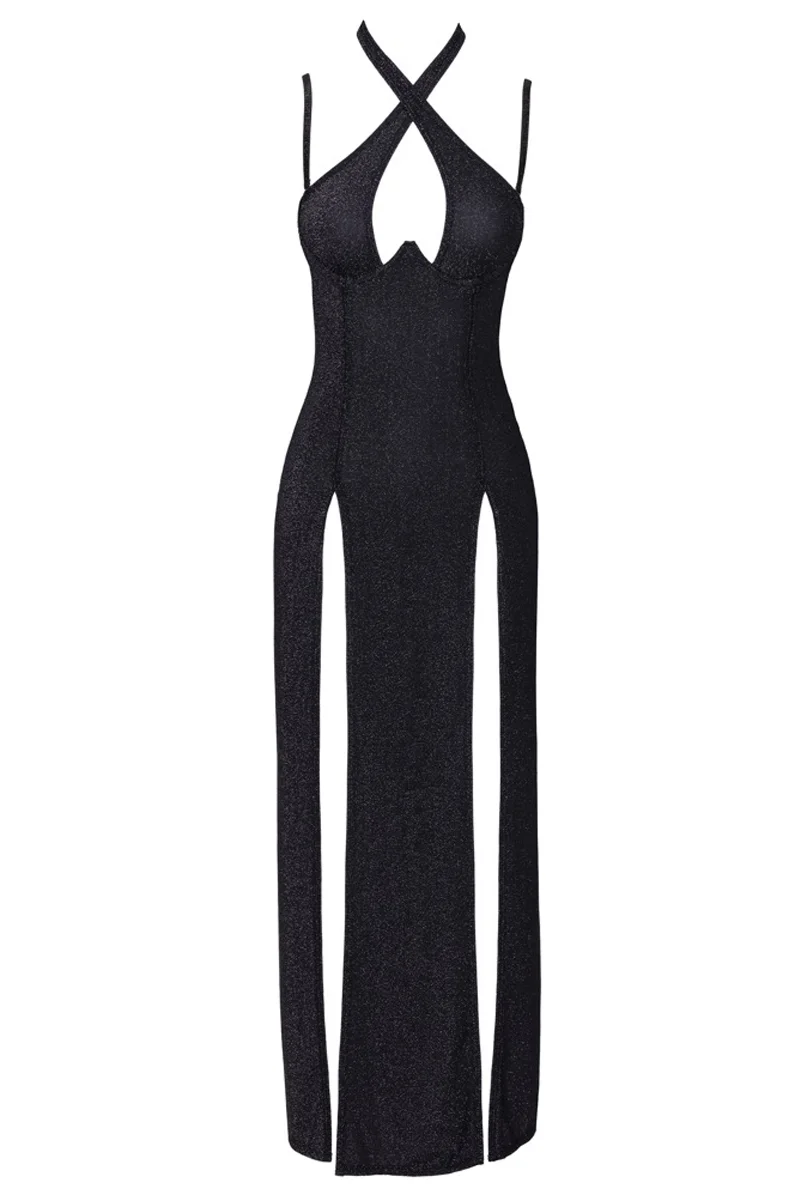 Robe longue noire argentée vue 2